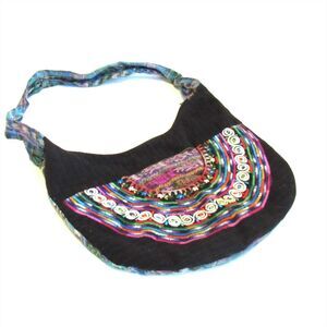 Women Small Fabric Shoulder Bag Colorful Beads & Embroider Black  Zipped Boho